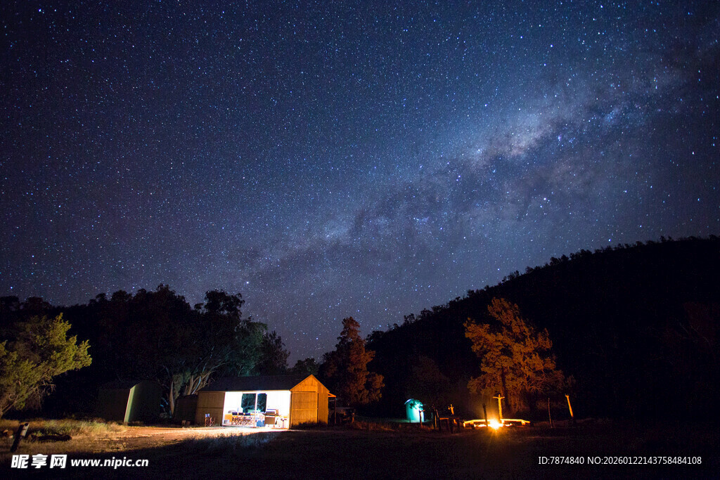 山村静夜星空下的温馨小屋