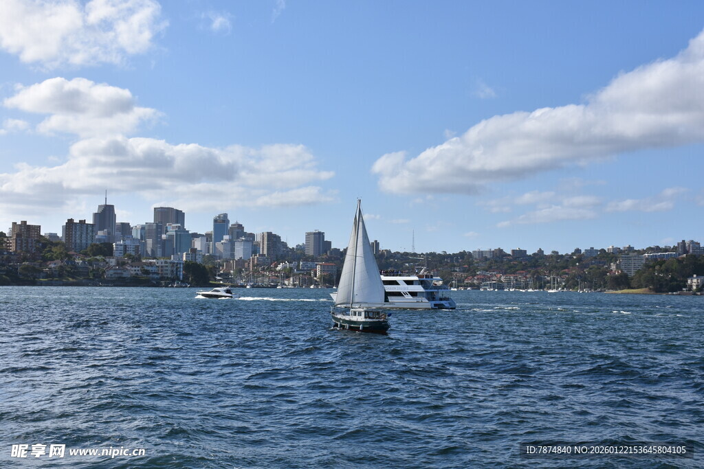 海上帆船与城市天际线
