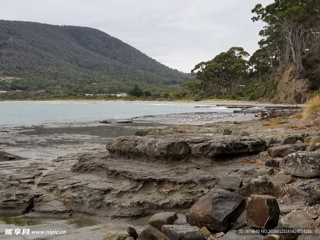海岸边的嶙峋岩石与远景