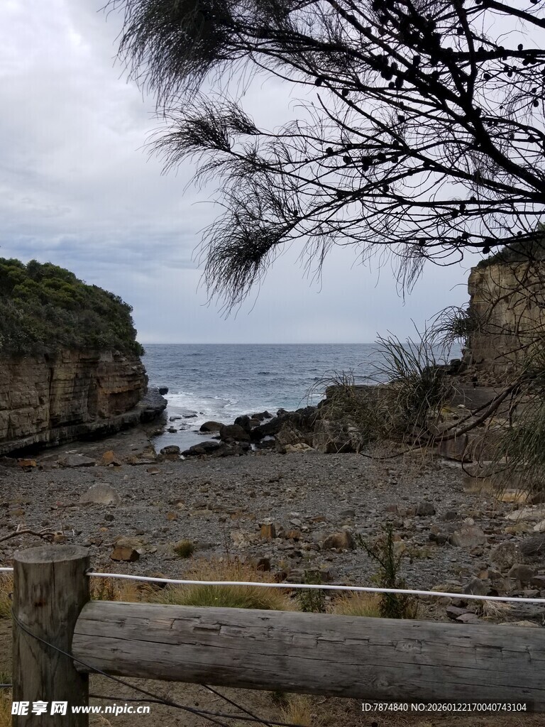 海边木栏旁的自然景致