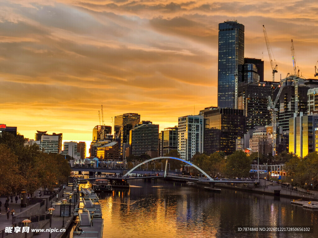 墨尔本河畔黄昏城市美景