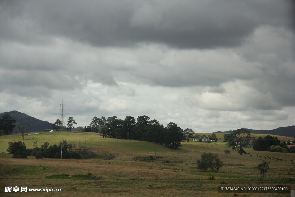 阴云下的开阔田园风光