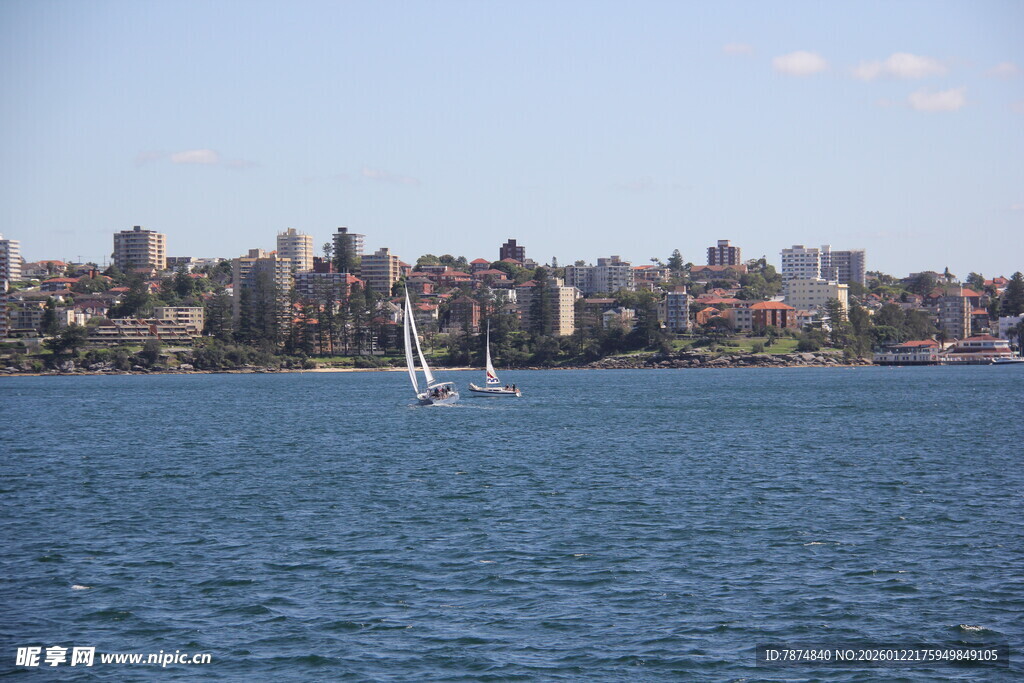 海滨城市风光 帆船游弋