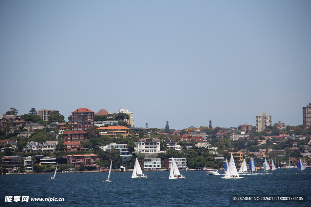 海上帆船与岸边建筑景观