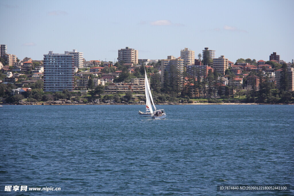 海上帆船与城市天际线