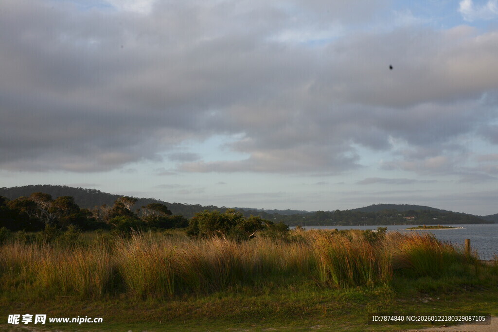 黄昏湖畔草地风景