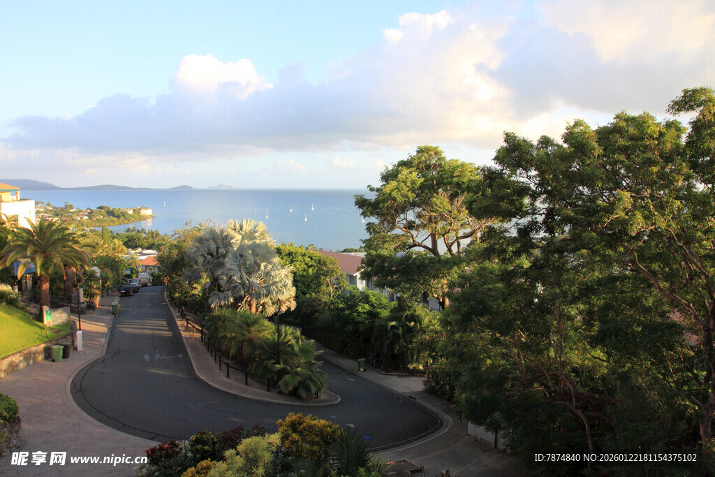 海滨绿树环绕的美丽景致