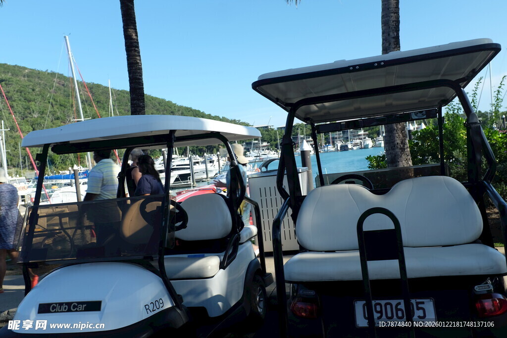 户外停放的两辆高尔夫球车