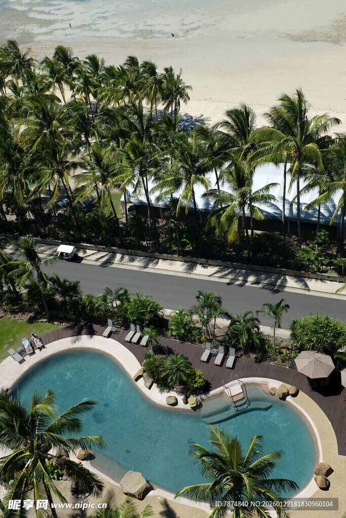 热带海滨度假泳池风光
