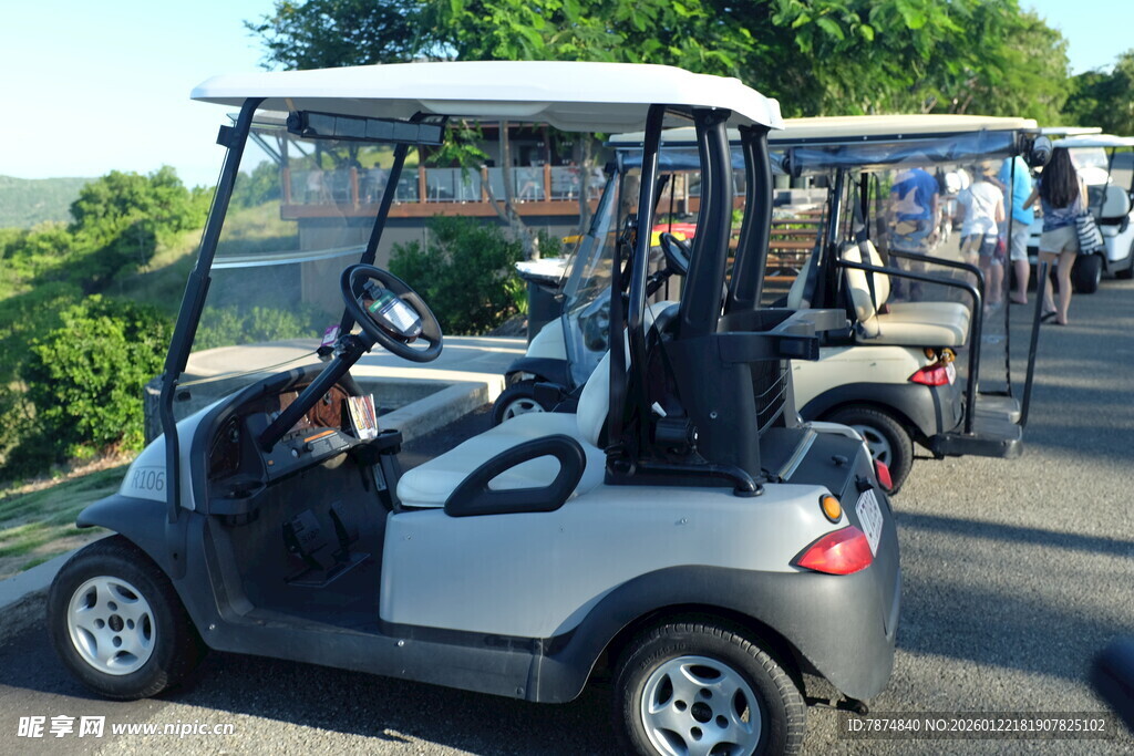 银色高尔夫球车在路上行驶