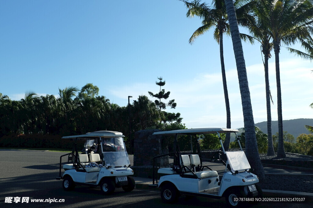道路上的两辆白色高尔夫球车