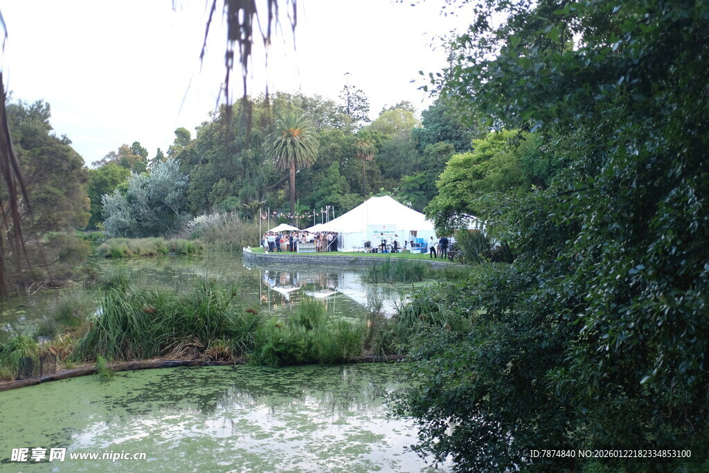 湖畔绿荫中的白色帐篷