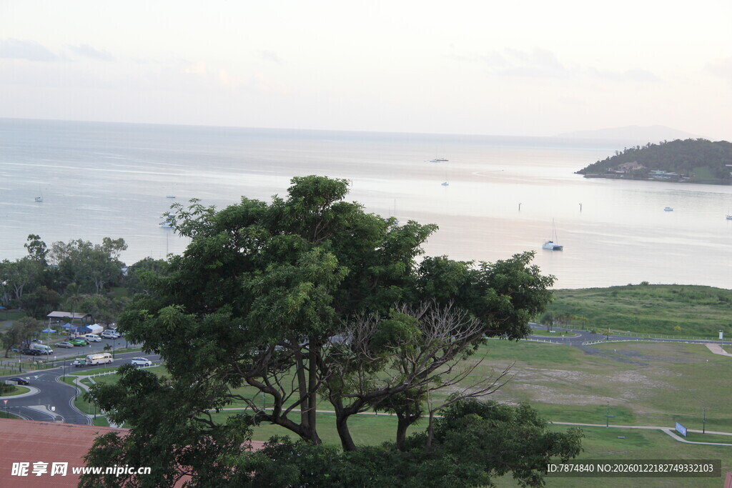 海边绿树环绕的美丽景致