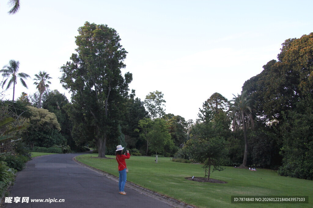 漫步林间小道的红衣行人
