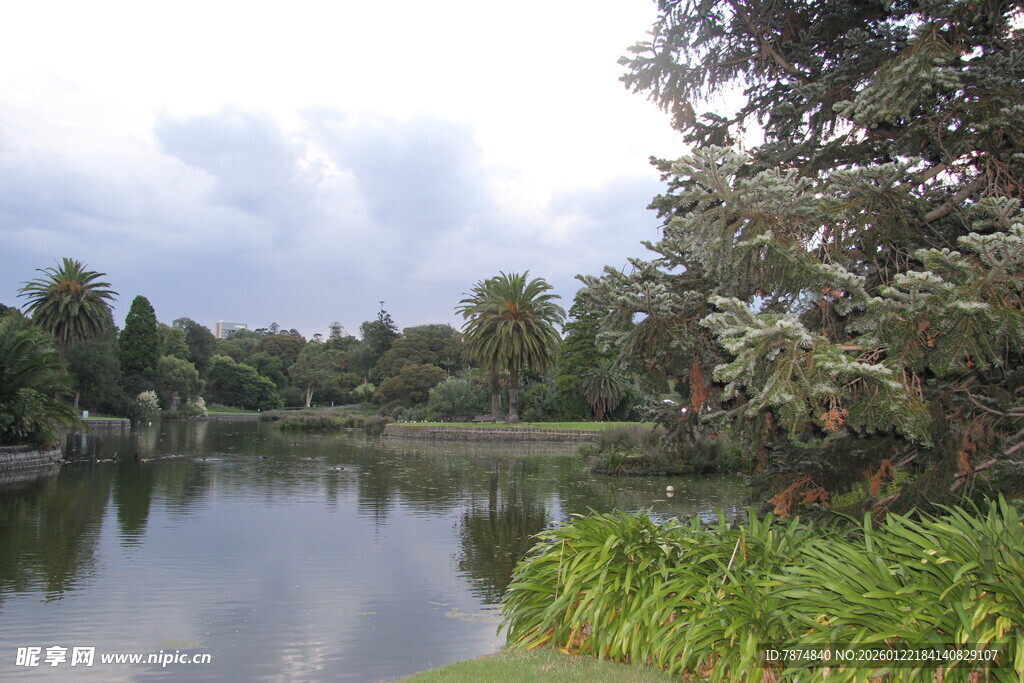 湖畔绿意盎然的自然景致