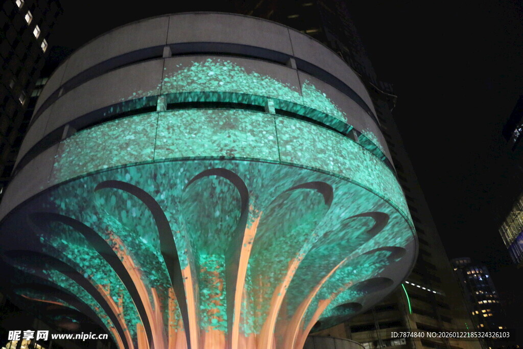 夜晚璀璨灯光下的独特建筑