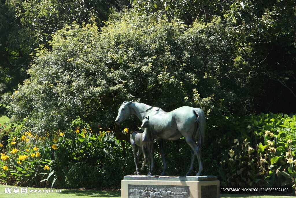 花园中的骏马青铜雕像