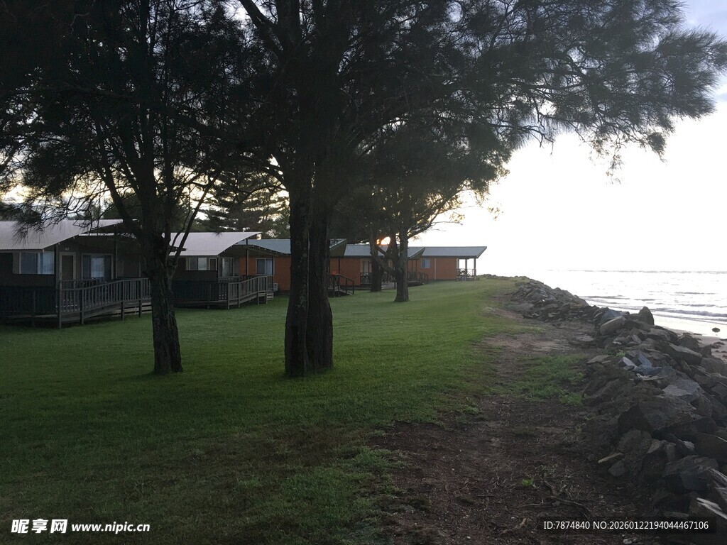 湖畔绿树成荫的宁静景致