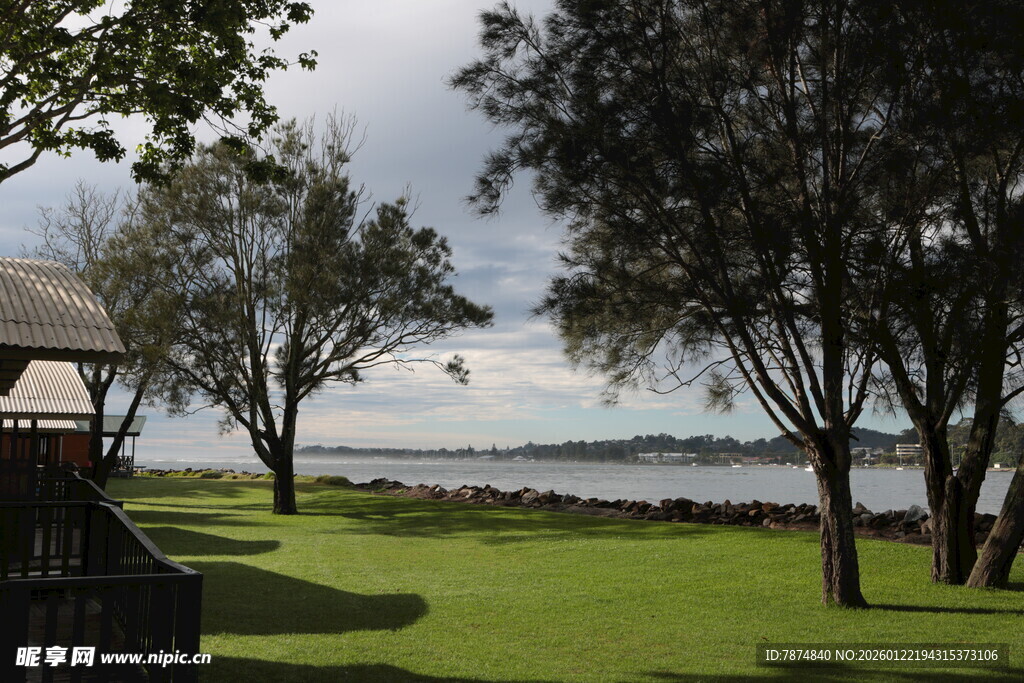 海滨草地旁的静谧景致