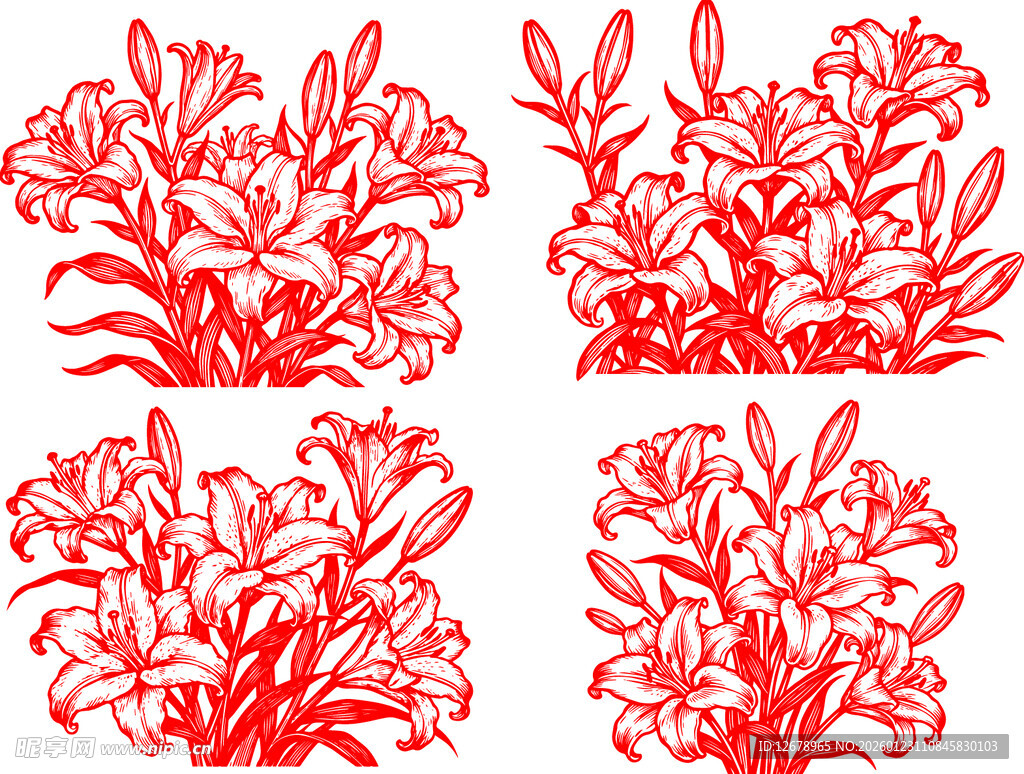 简直风格百合花卉图案设计素材