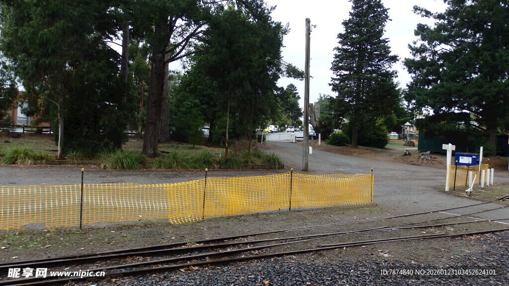 户外黄围栏旁的绿树场景