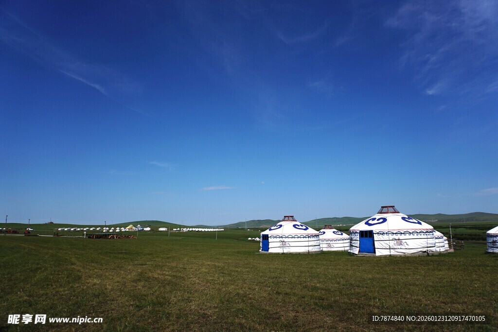 草原上的白色蒙古包群落