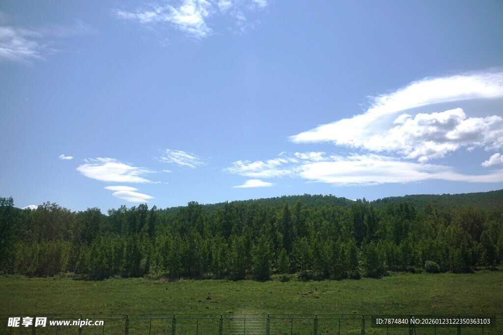 蓝天白云下的葱郁山林