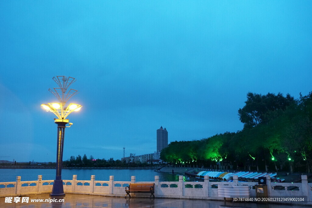 湖畔夜色中的明亮路灯