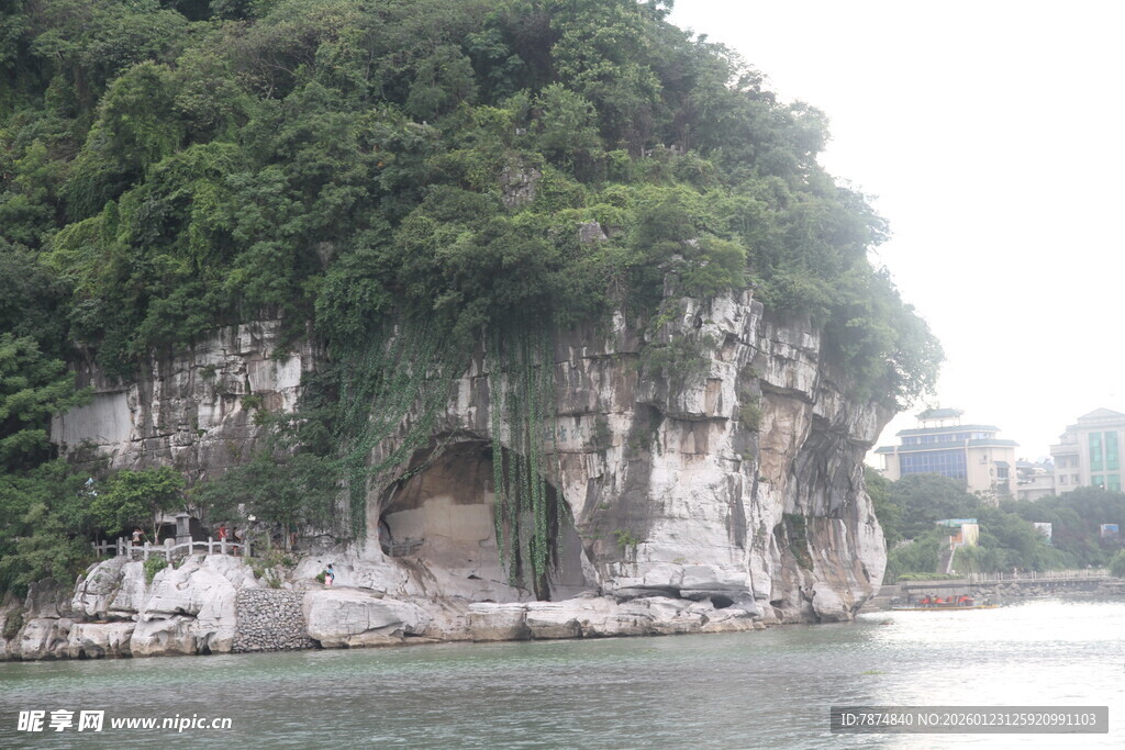 江边覆绿岩石景观