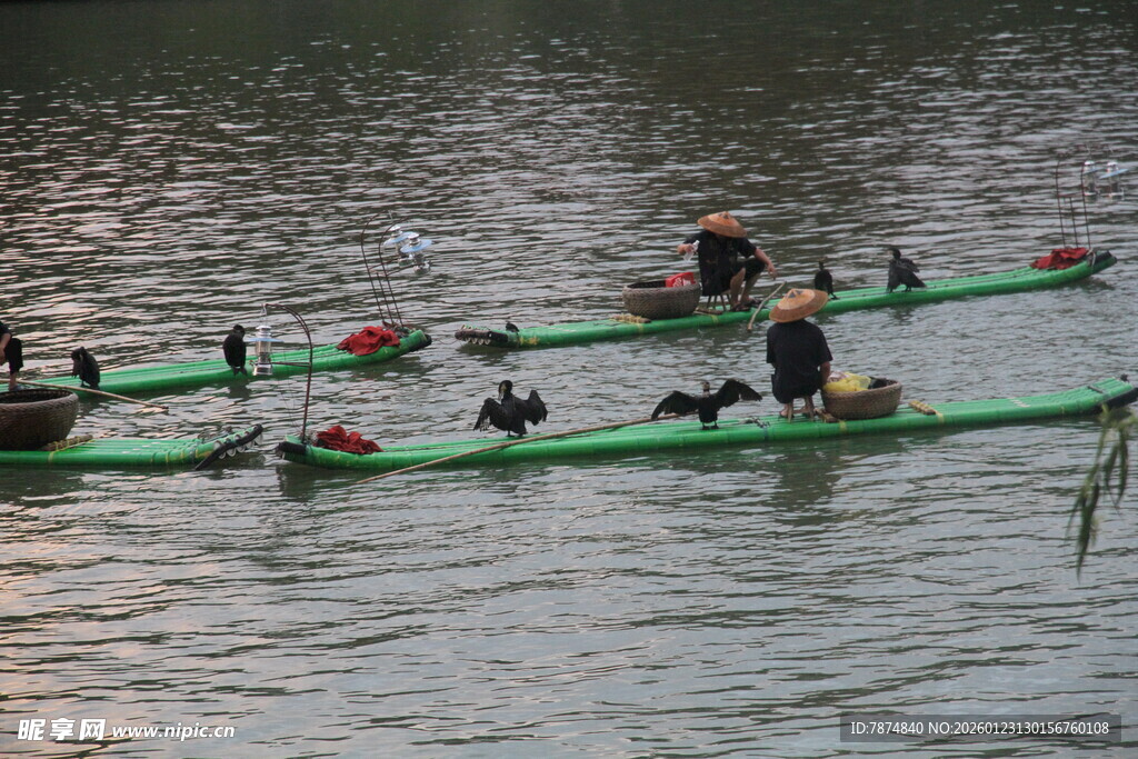 水面上的竹筏与群鸭