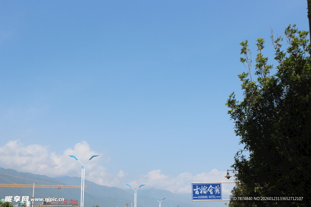 蓝天绿树旁的道路指示牌