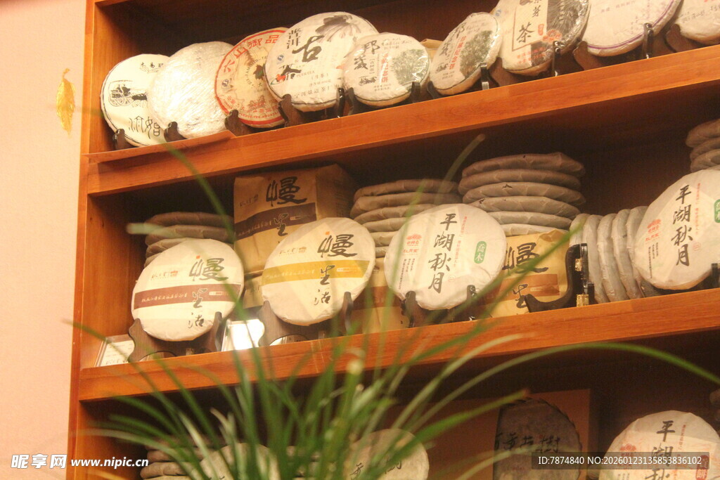 木质架上陈列的多样茶饼