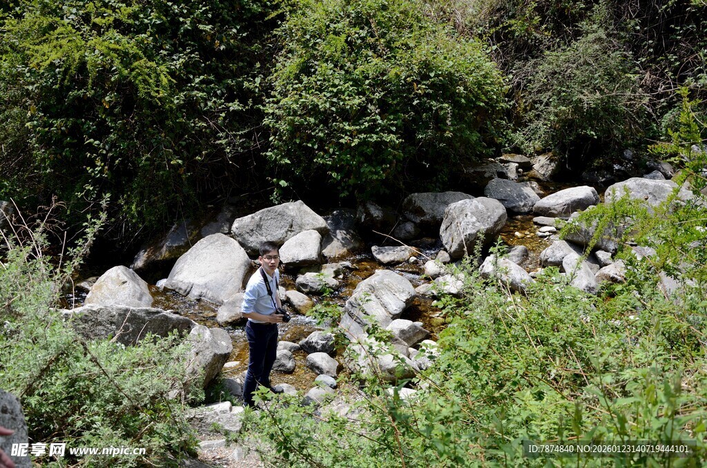 溪边男子置身自然美景中
