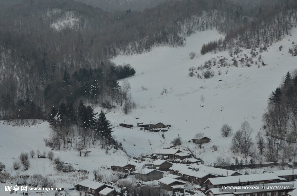 冬日雪覆山村美景