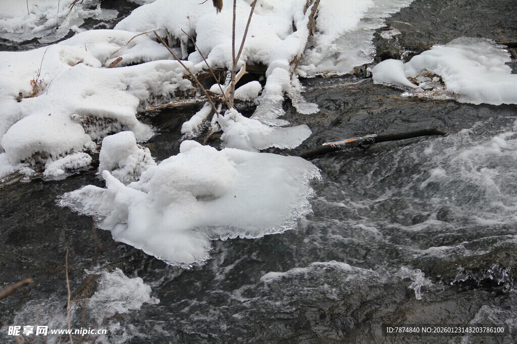 溪流中残雪与流水景象