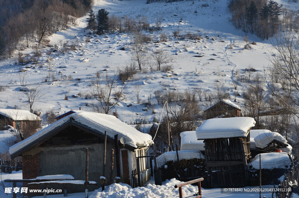 雪覆山村景象