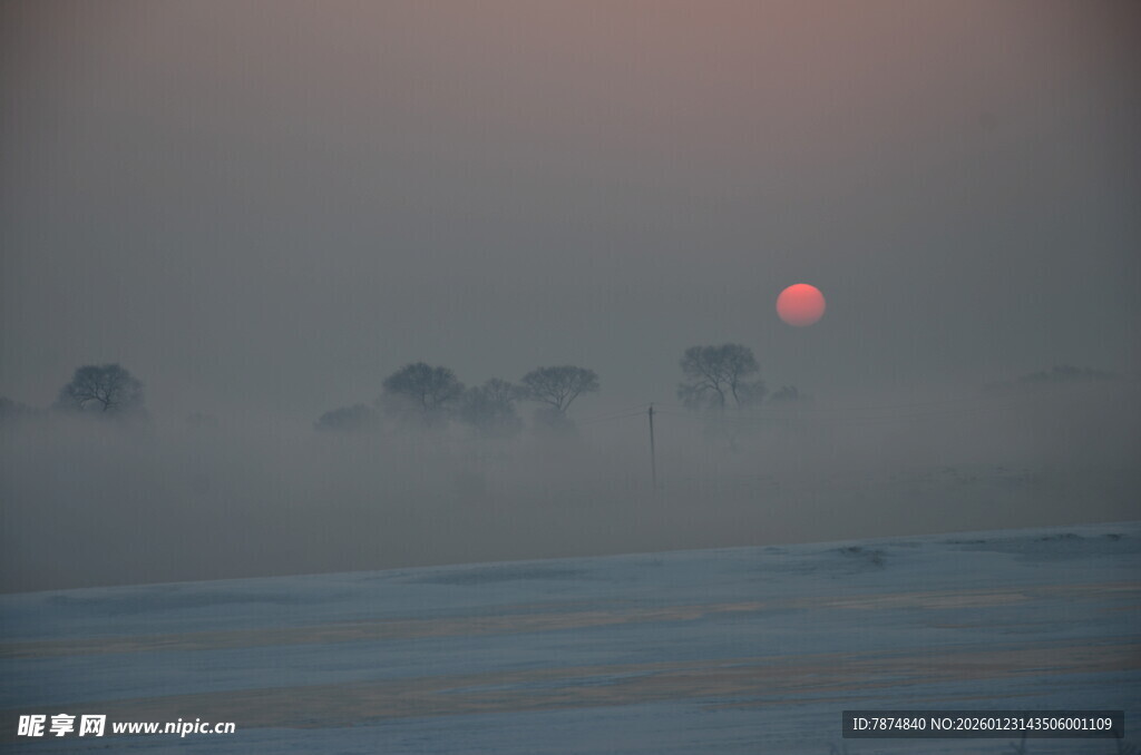 日出时分的朦胧原野景色