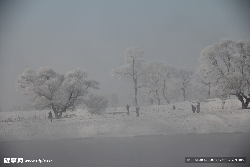 冬日雪景中的树木与行人