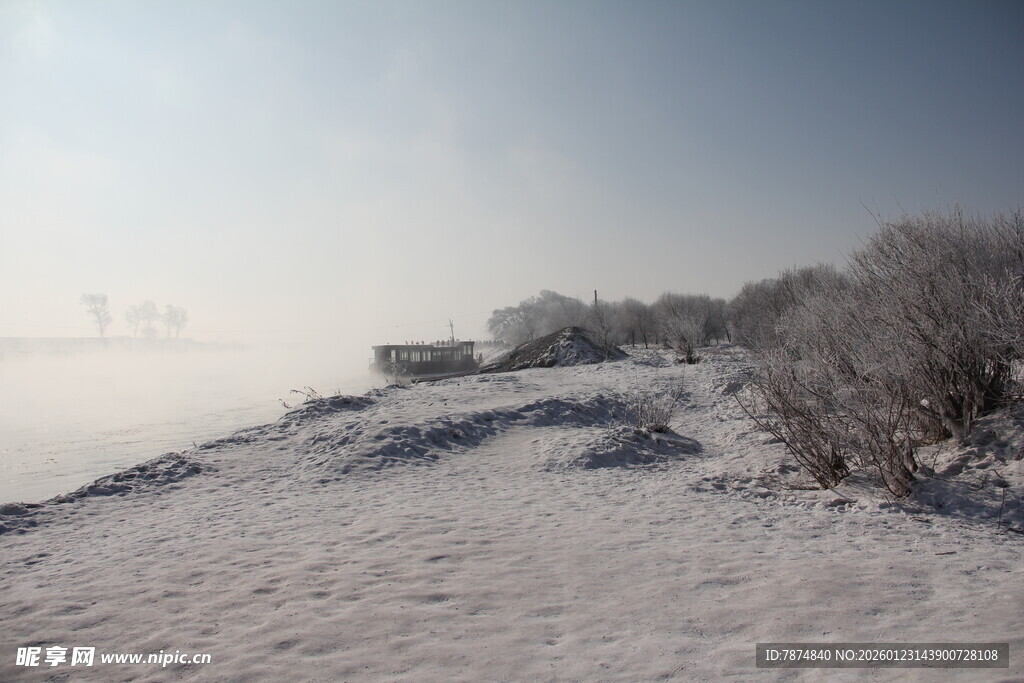 冬日雪景中的静谧岸边