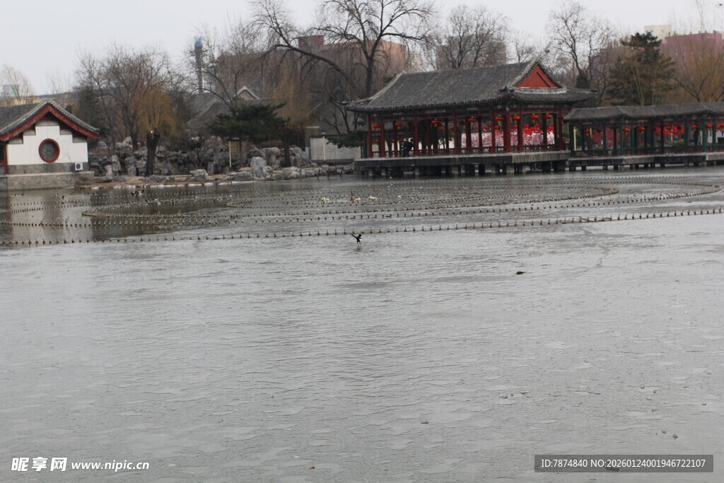冬日湖畔中式建筑景观