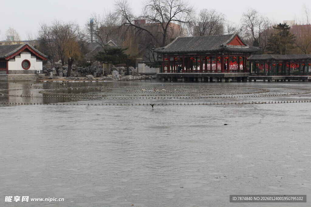 冬日湖畔中式建筑景观