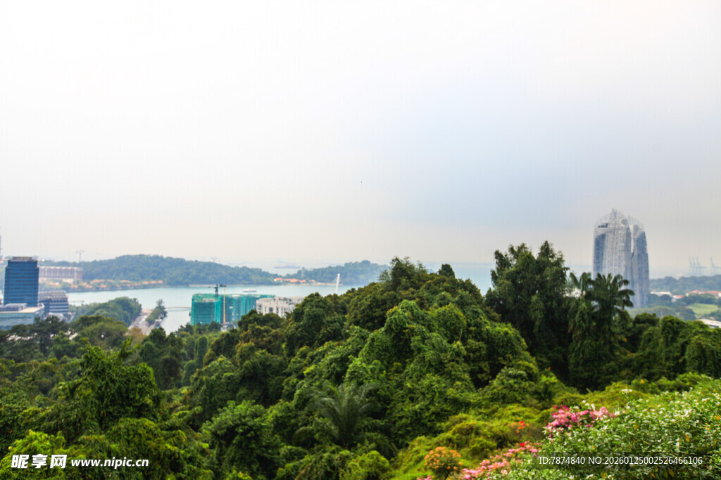 山林间远眺城市与水域景观