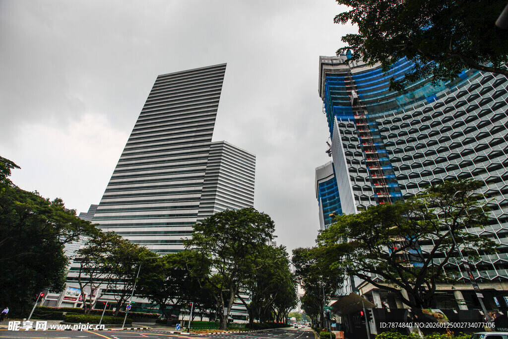 现代都市高楼与绿树景观