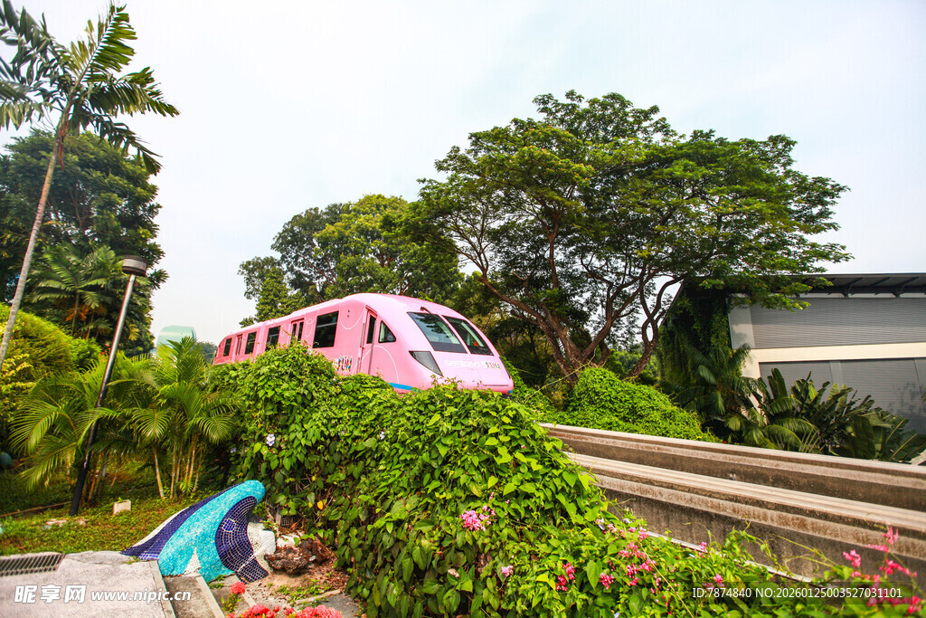 粉色列车穿行于绿植间