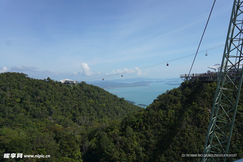 山间缆车俯瞰碧海绿树