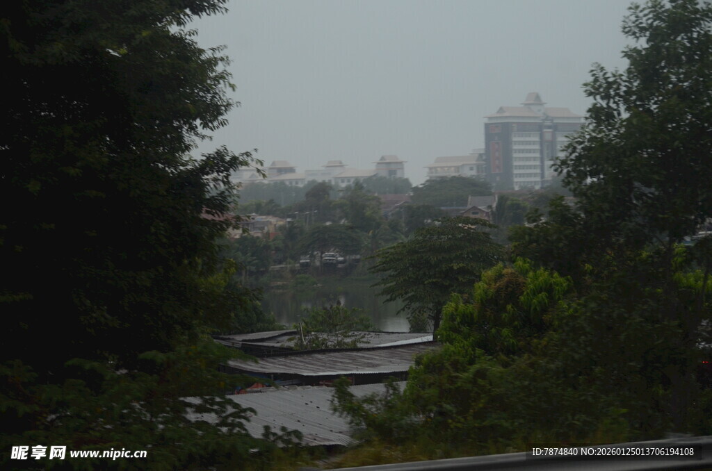 雨中城市景观 绿树环绕
