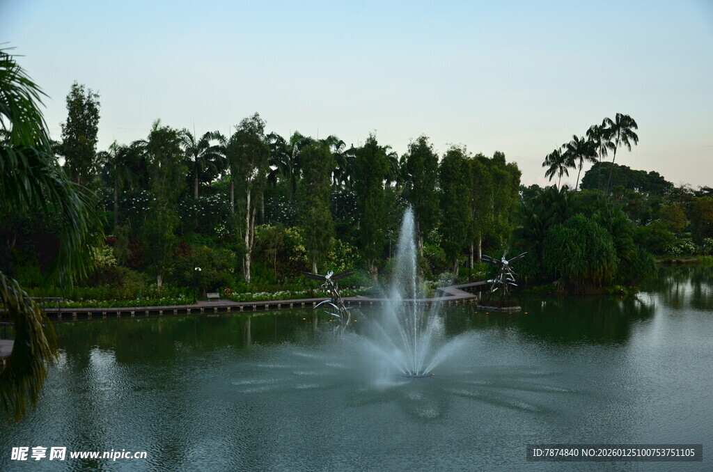 湖畔喷泉景观 绿意环绕