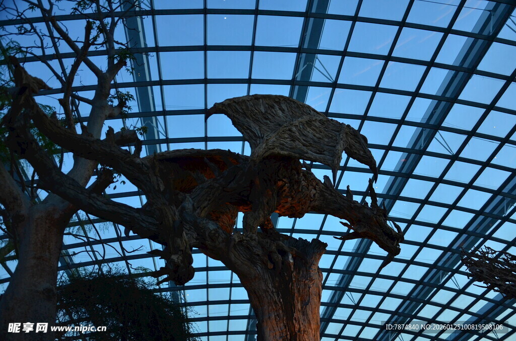 室内玻璃顶下的恐龙雕塑