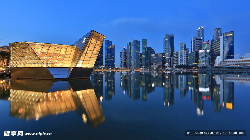 新加坡城市夜景建筑倒影