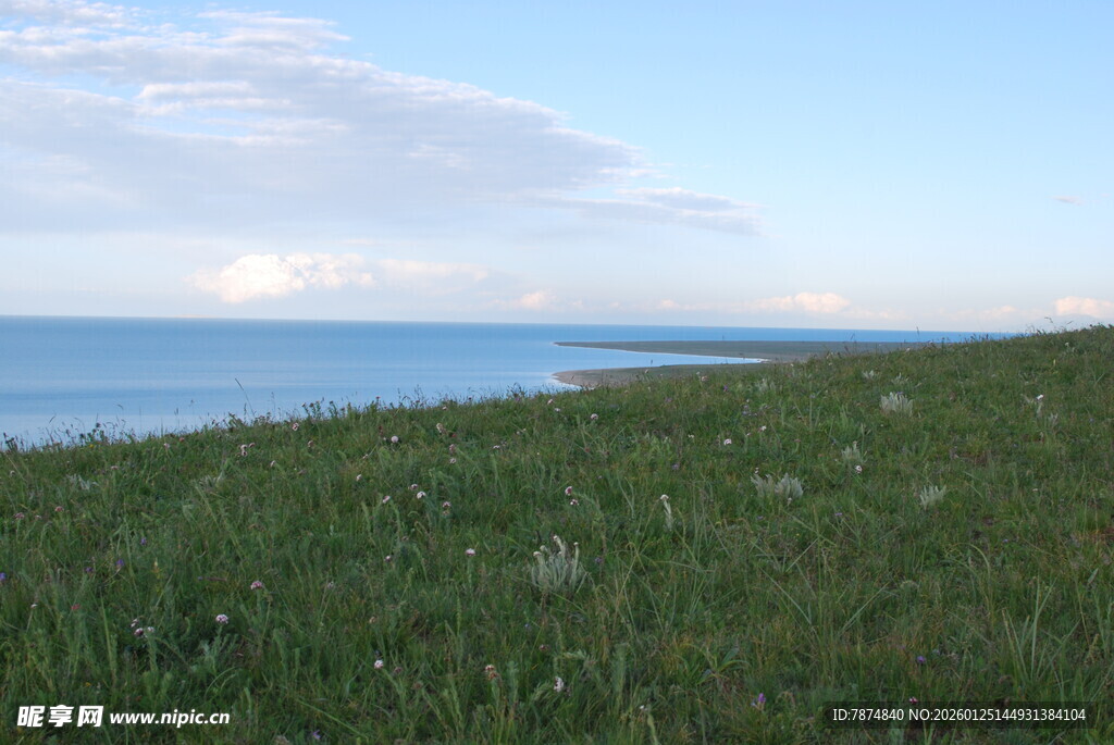草原边的辽阔蓝色水域
